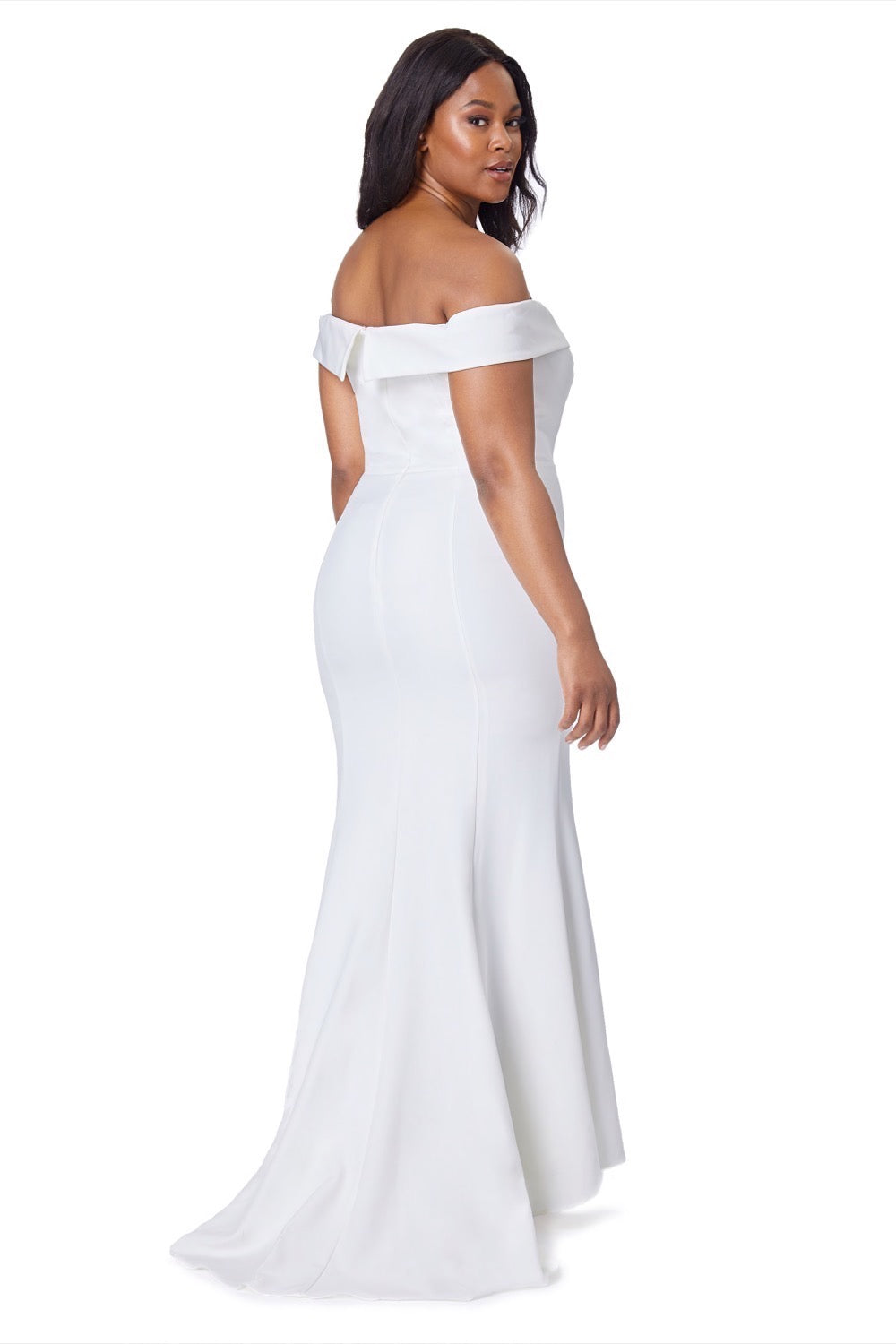 Jarlo ivory bardot fishtail maxi dress with thigh split and train