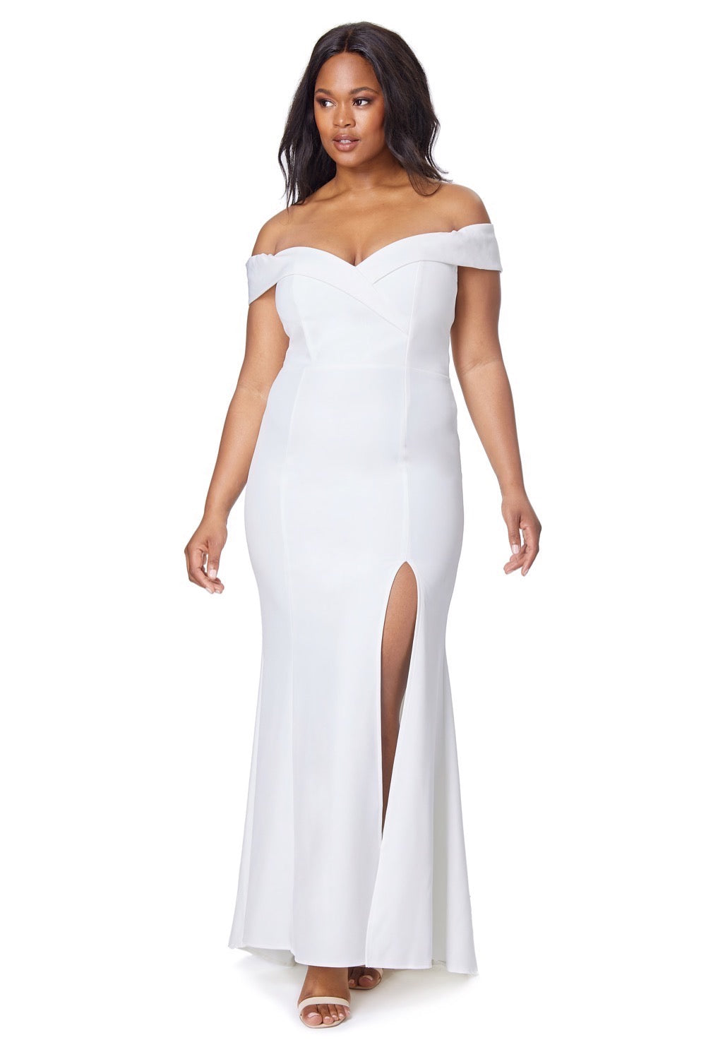 Jarlo's Bella Bardot Maxi Dress With Thigh Split And Train in Ivory Jarlo London Jarlo's Bella Bardot Maxi Dress With Thigh Split And Train in Ivory Jarlo London