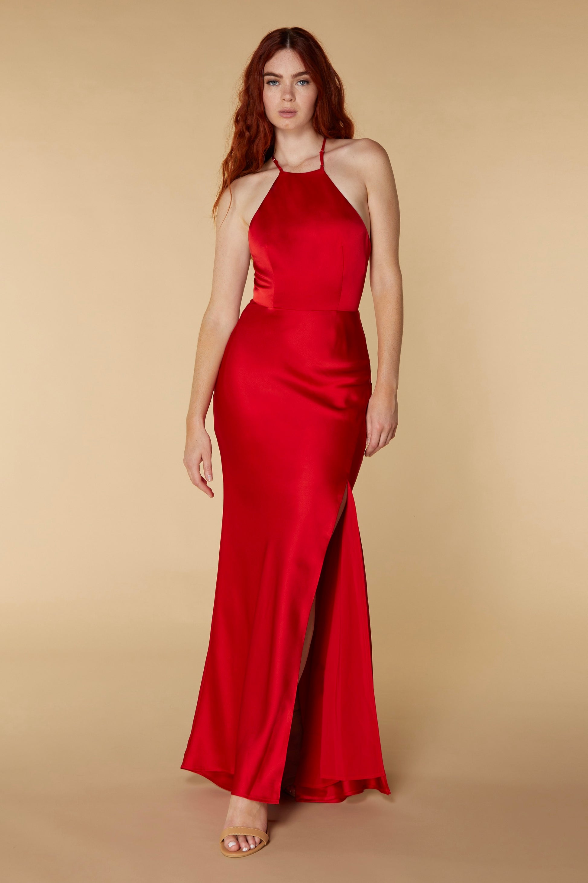 Jarlo Lux open back red satin maxi dress with thigh split