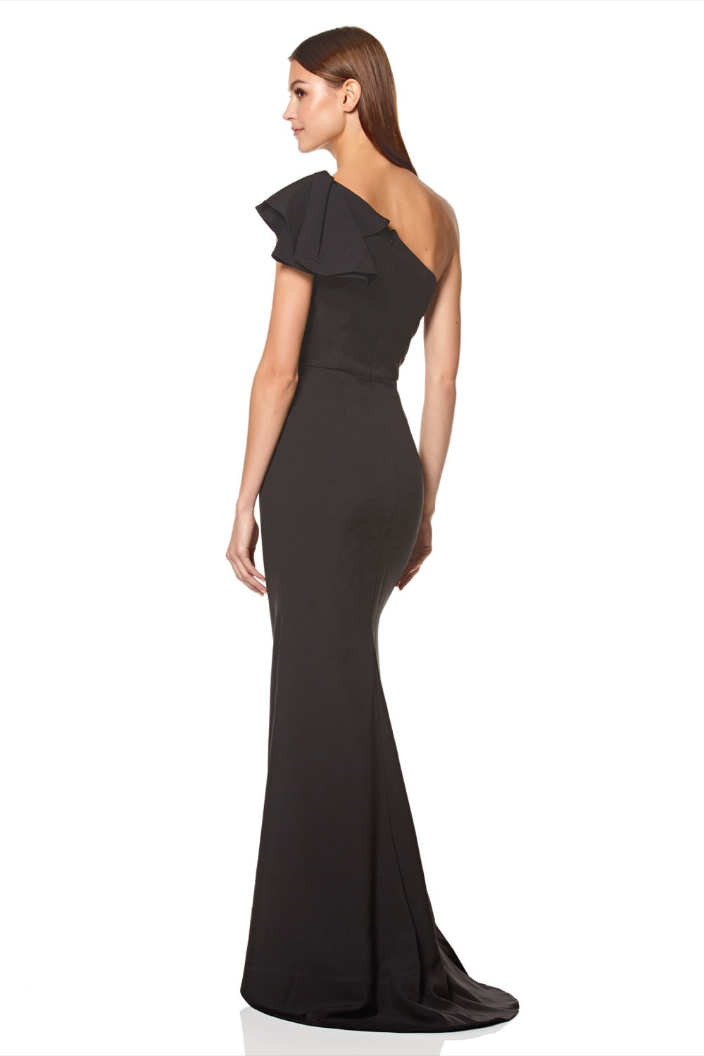 Jarlo Levine ruffle frill one shoulder black maxi dress