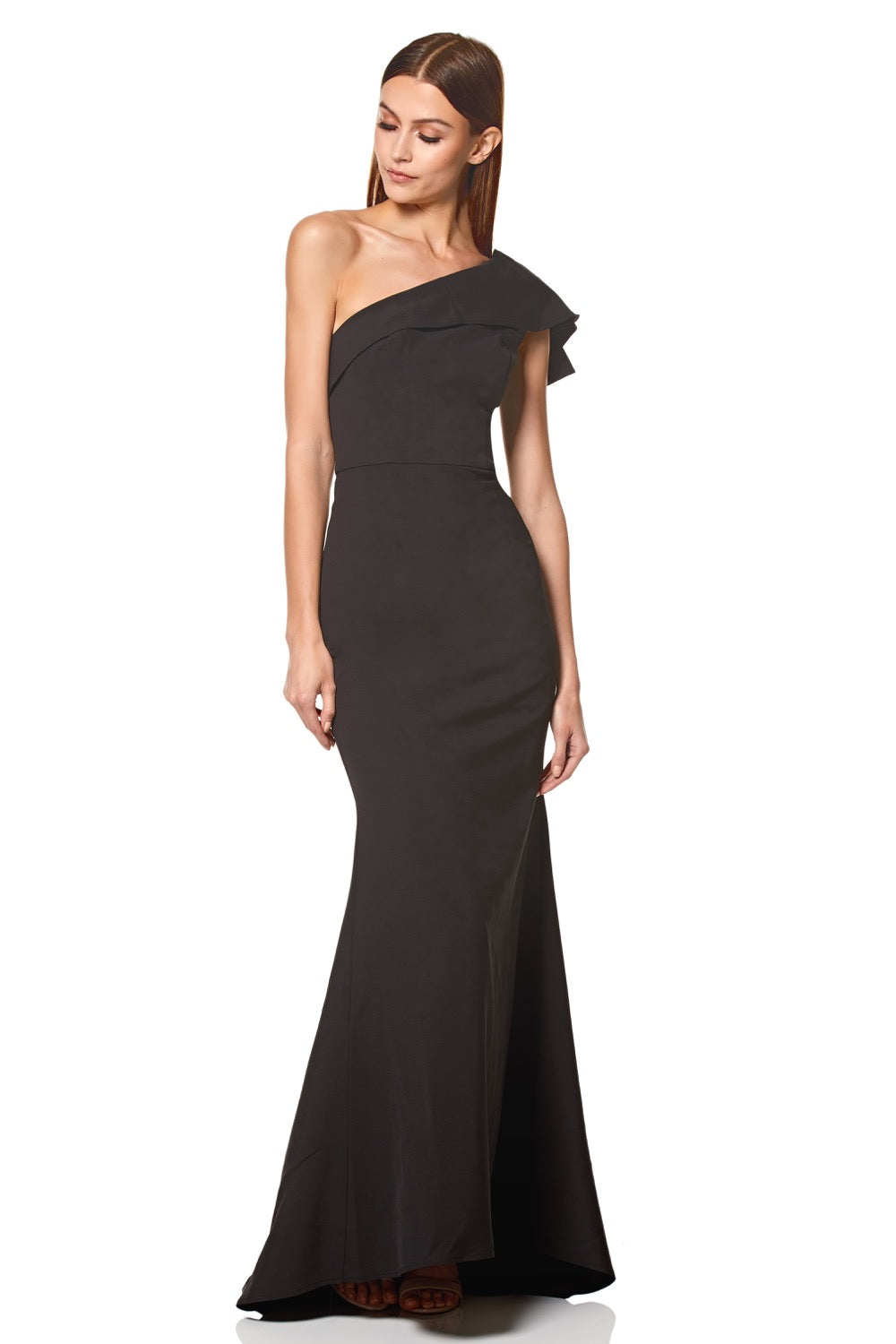 Jarlo Levine ruffle frill one shoulder black maxi dress