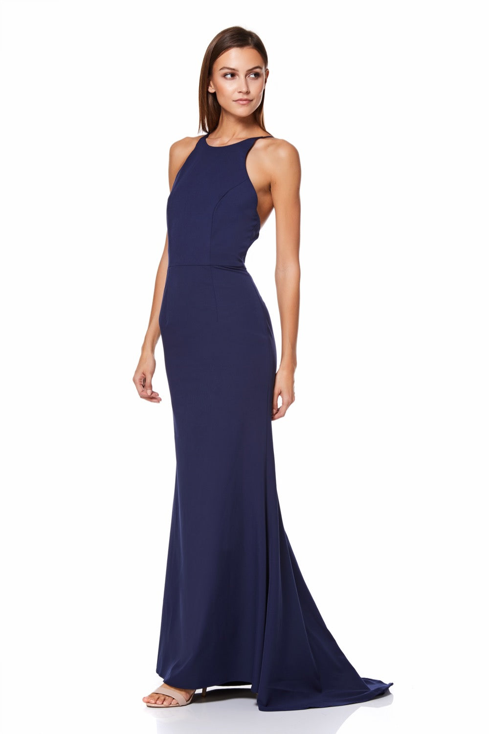 Jarlo Lyssa high neck fishtail navy maxi dress with strappy back detail