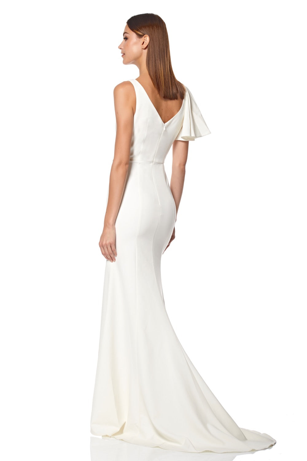 Jarlo Jacey ivory maxi dress with shoulder ruffle and thigh split