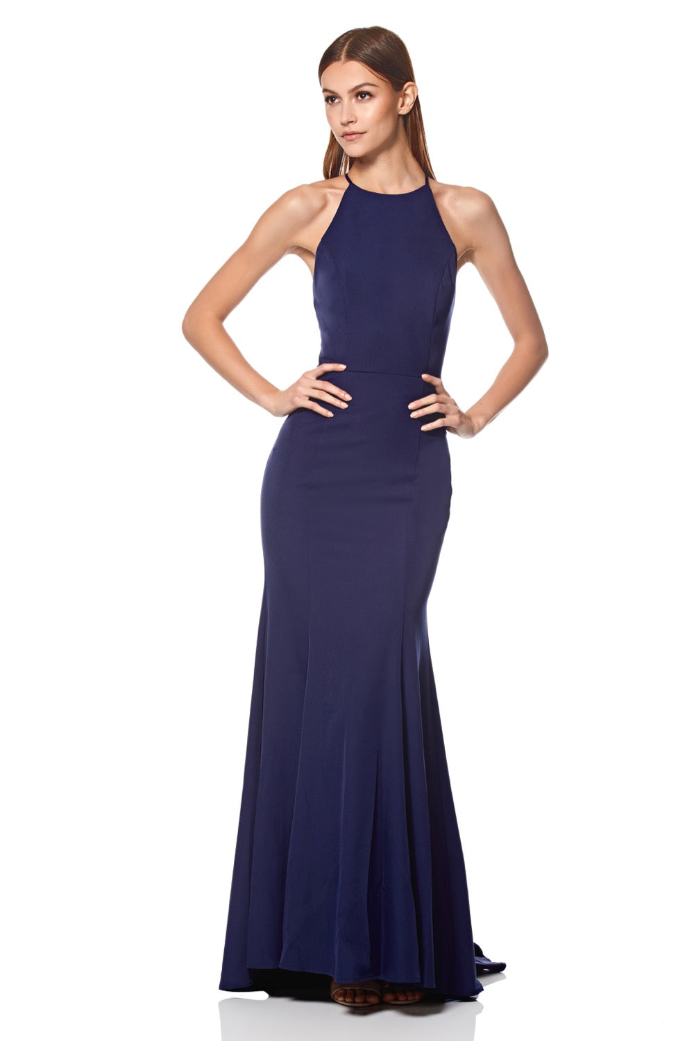 Carlin High Neck Fishtail Dress with Open Back Detail