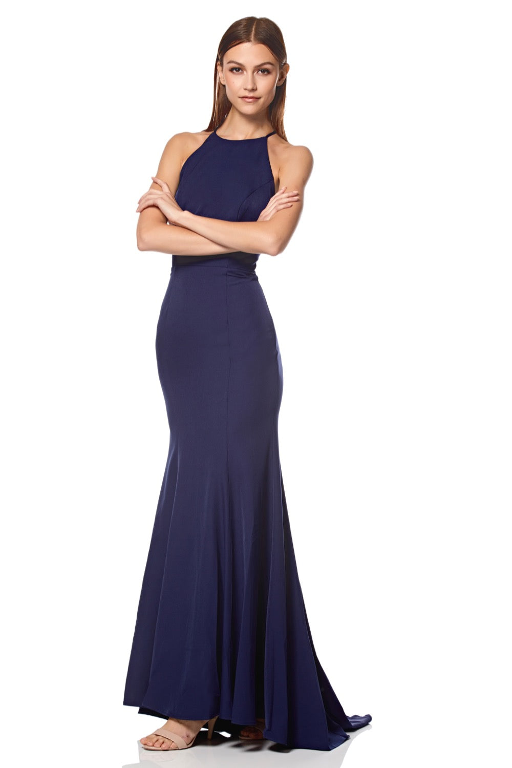 Jarlo navy high neck maxi dress with open lace back detail