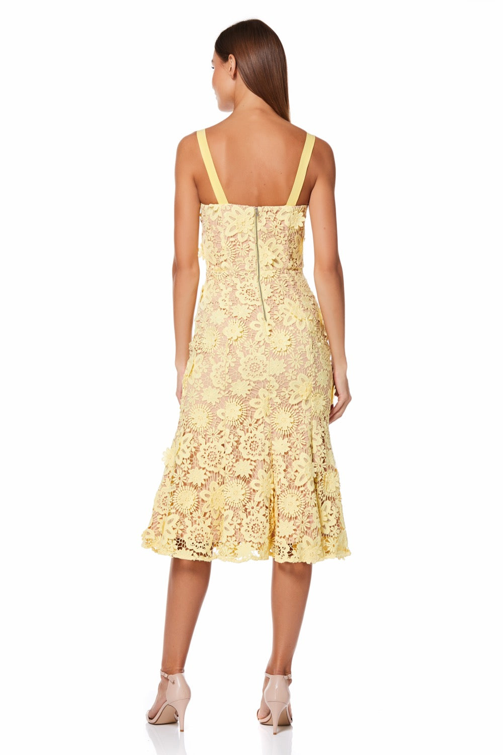 Jarlo yellow 3D Lace Midi Dress with Shoulder Straps