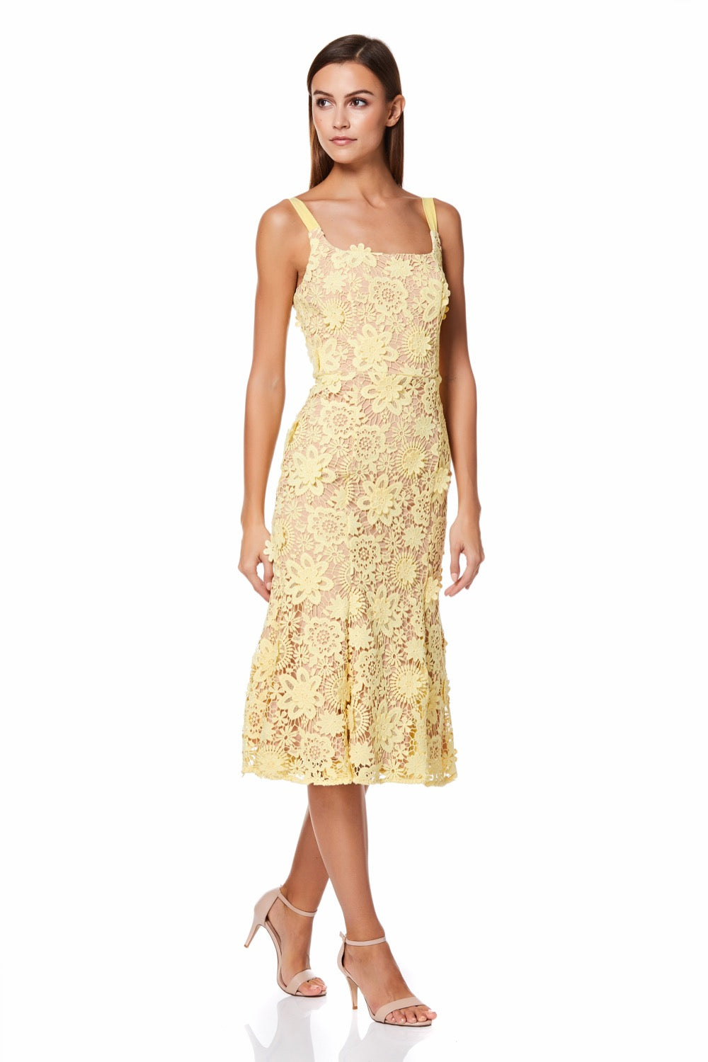 Jarlo yellow 3D Lace Midi Dress with Shoulder Straps