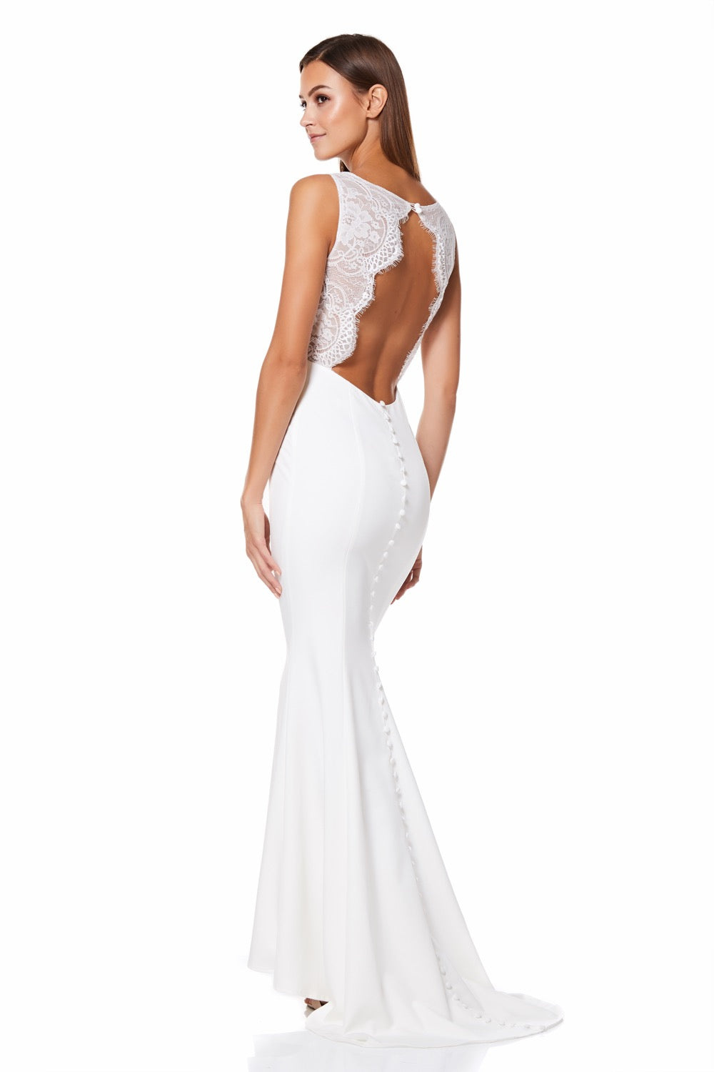 Jarlo ivory fishtail maxi dress with open lace back and button detail