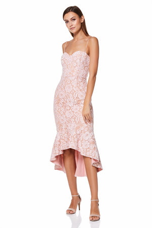 Jarlo all over contrast floral lace embroidered midi dress with ruffle hem detail in multi 2025