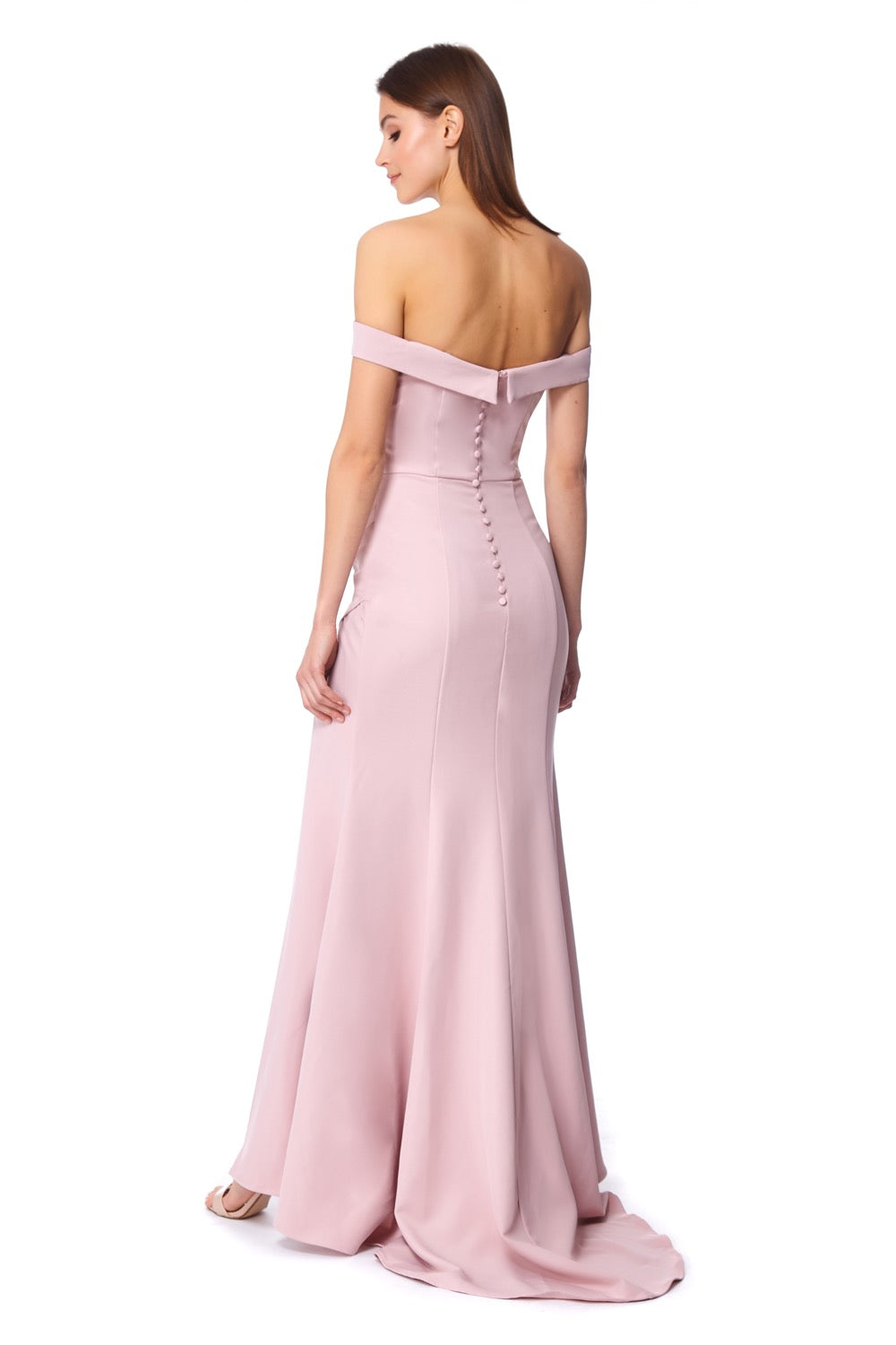 Jarlo pink bardot fishtail maxi dress with thigh split and button back