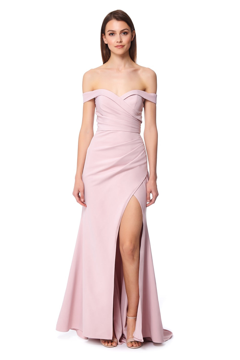 Jarlo pink bardot fishtail maxi dress with thigh split and button back