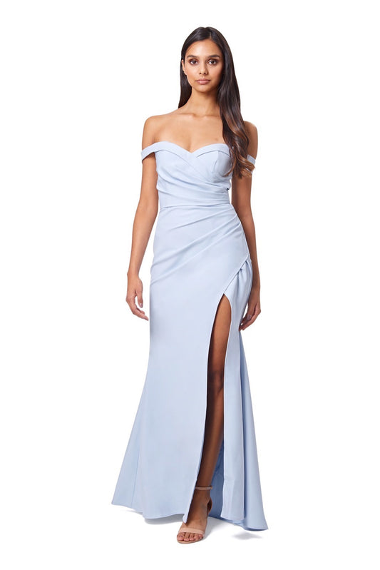 Bluebell Bardot Maxi Dress With Thigh Split And Button Back