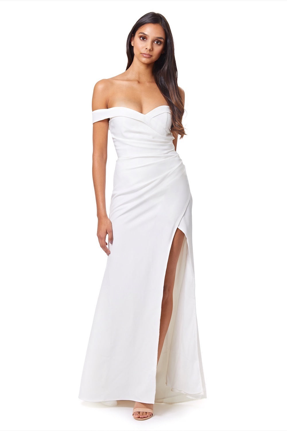 Jarlo ivory bardot fishtail maxi dress with thigh split and button back