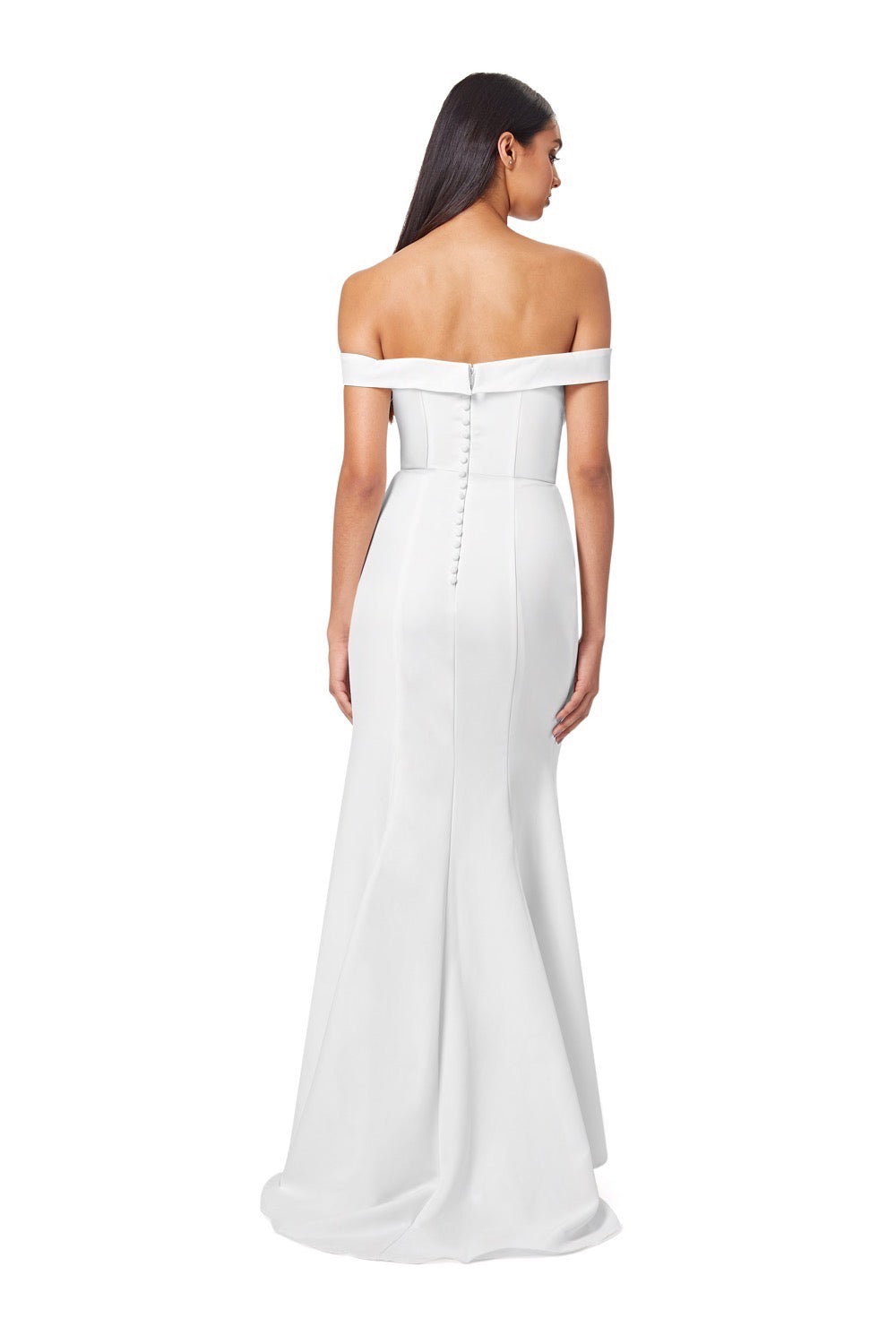 Jarlo ivory bardot fishtail maxi dress with thigh split and button back