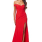 Jarlo red bardot fishtail maxi dress with thigh split and button back