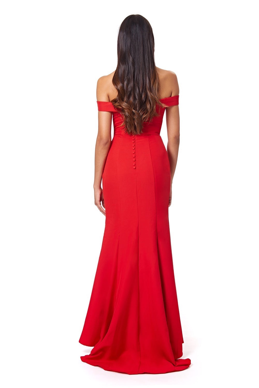 Jarlo red bardot fishtail maxi dress with thigh split and button back