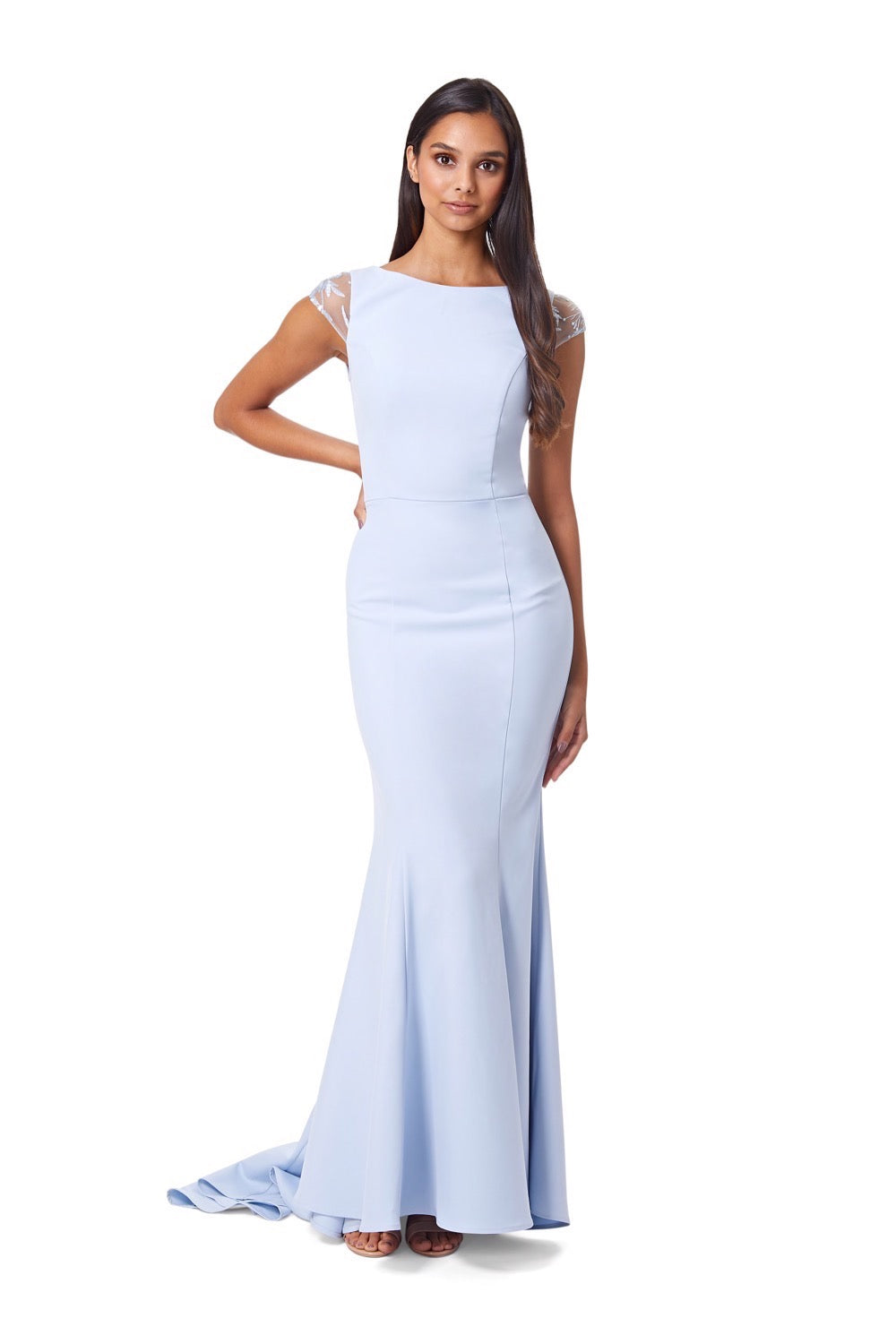 Masa Fishtail Maxi Dress with Lace Cap Sleeves and Embroidered Button Back
