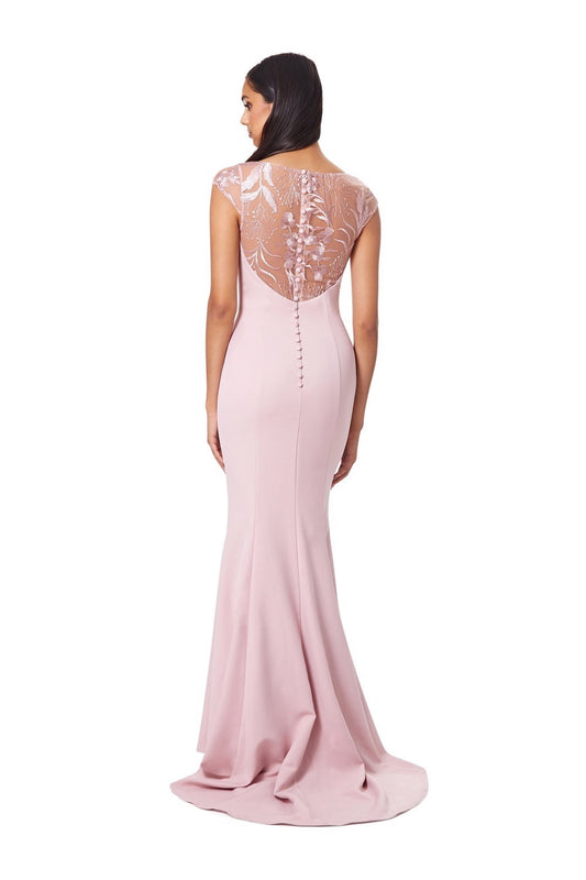 Jarlo Masa fishtail pink maxi dress with lace cap sleeves and embroidered back