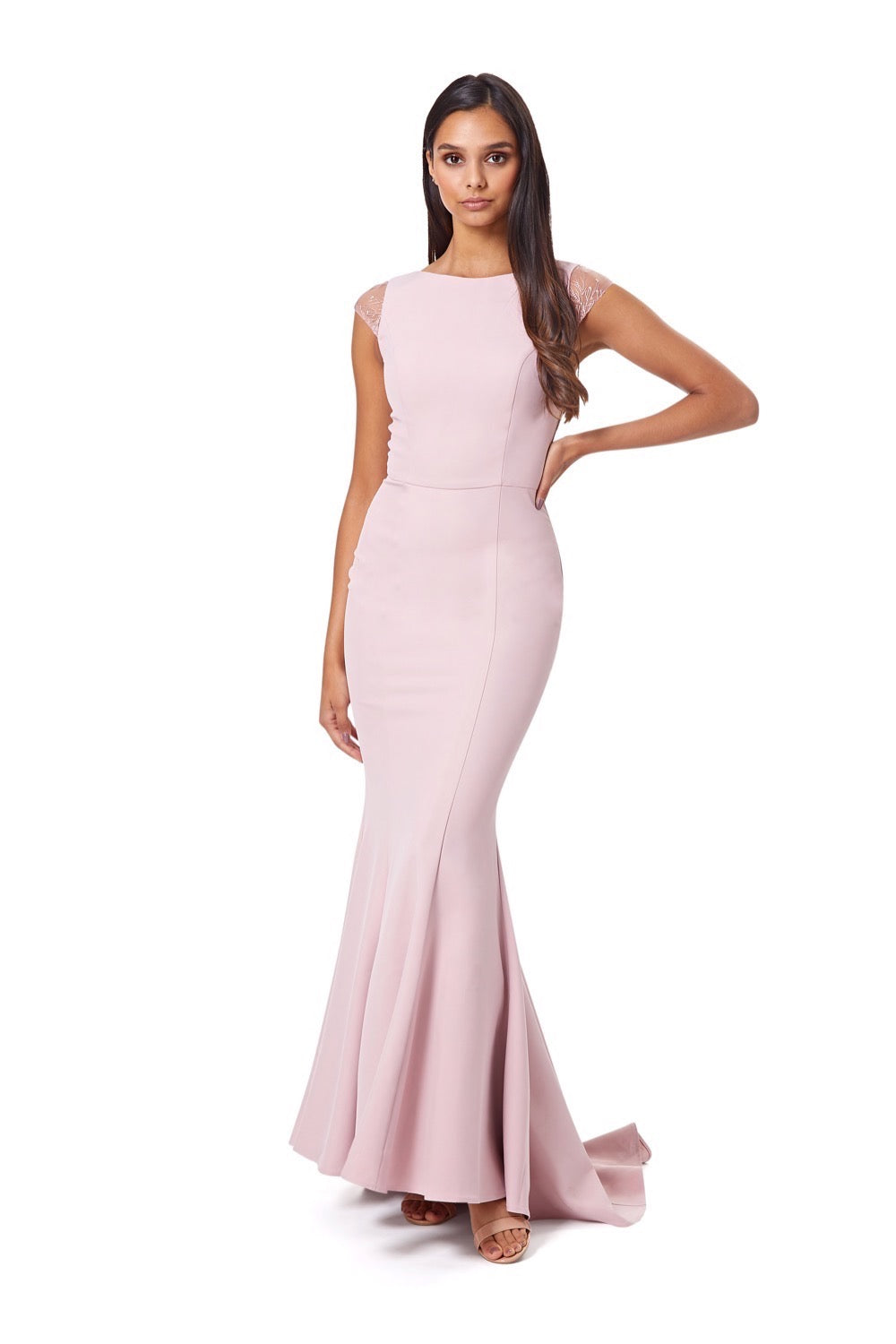 Masa Fishtail Maxi Dress with Lace Cap Sleeves and Embroidered Button Back