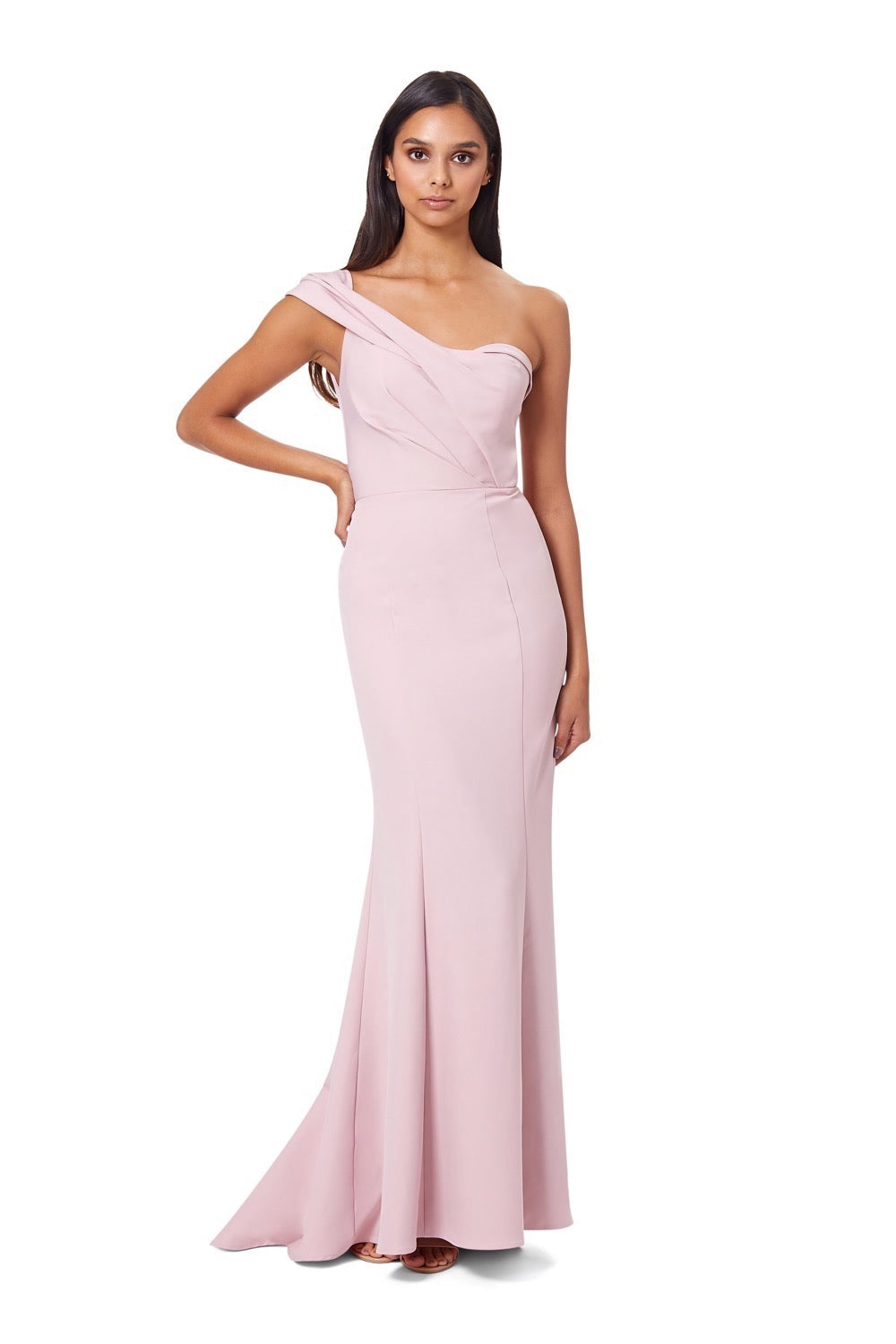 Annabelle One Shoulder Fishtail Maxi Dress with Pleated Shoulder Detail
