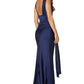 Jarlo Gabriella navy satin fishtail maxi dress with cowl neckline an open back