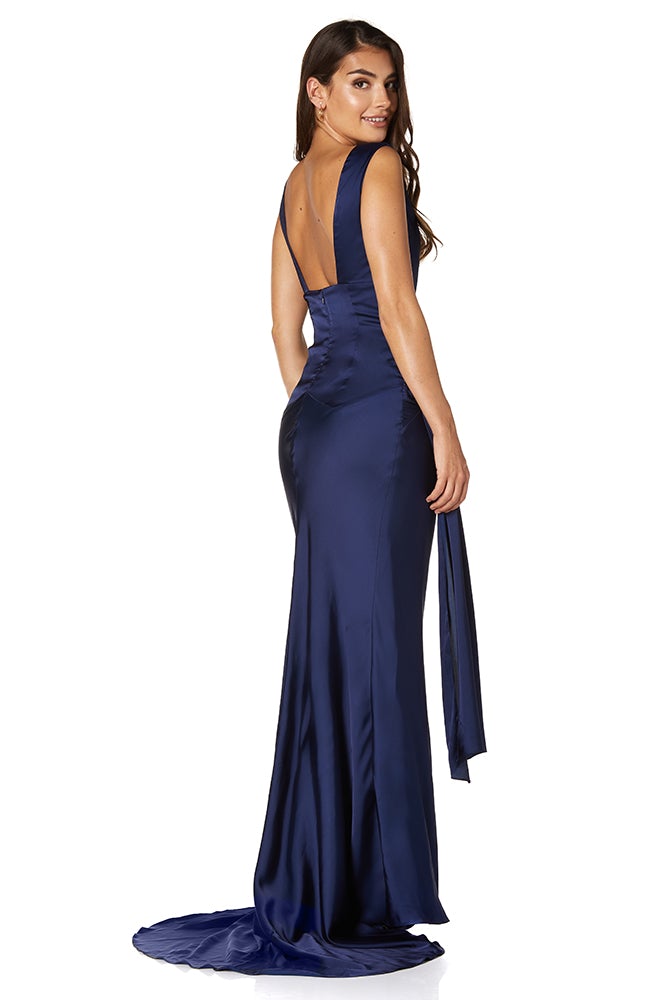 Jarlo Gabriella navy satin fishtail maxi dress with cowl neckline an open back