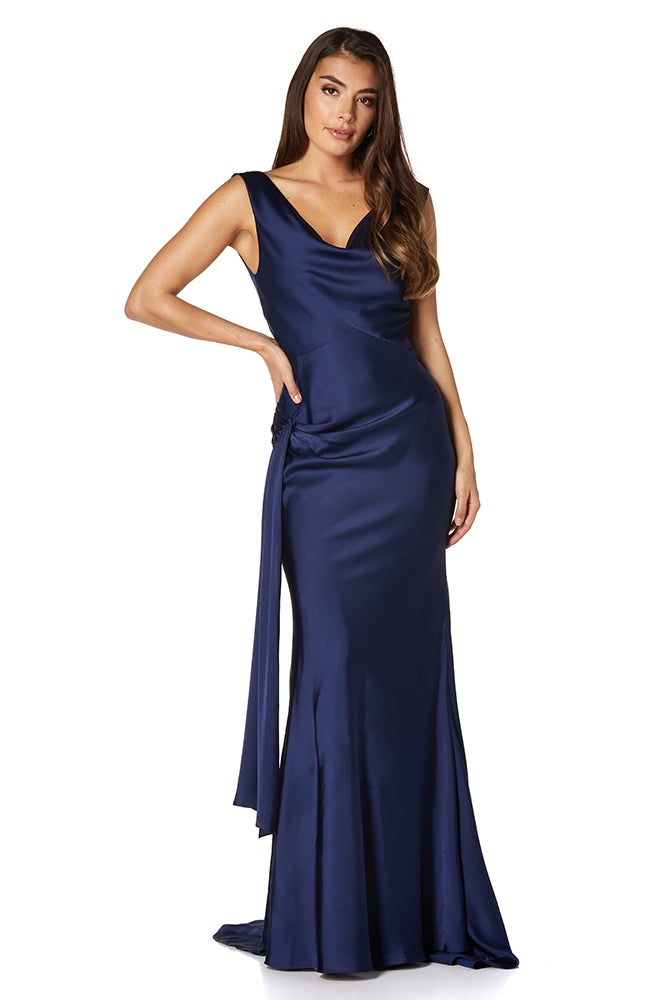 Jarlo Gabriella navy satin fishtail maxi dress with cowl neckline an open back