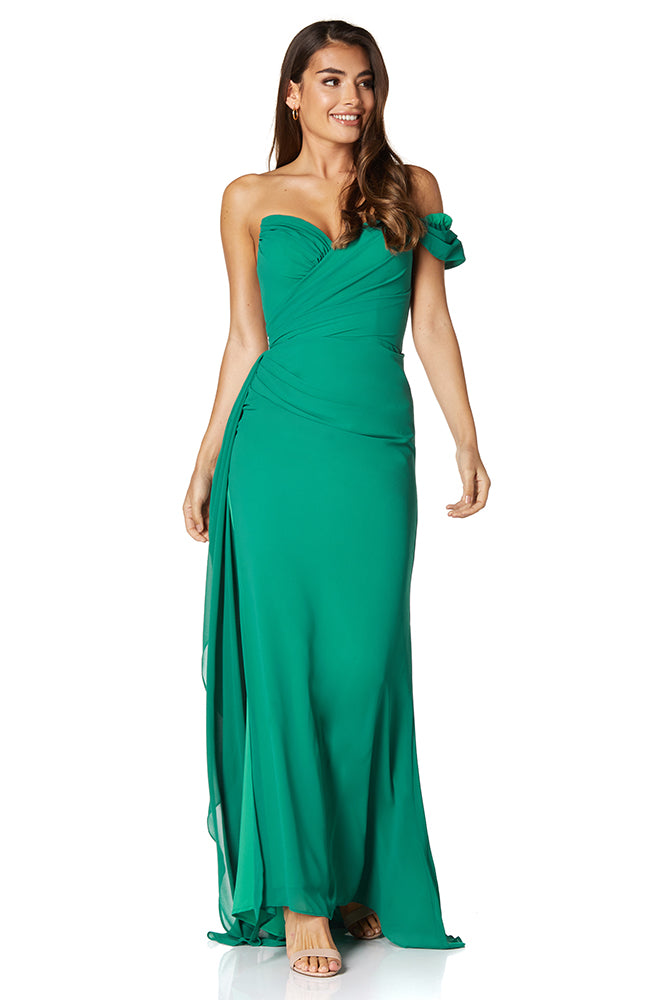 Emery Chiffon Ruched Maxi Dress with One Shoulder Sleeve