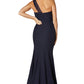 Jarlo navy one should maxi dress with tulle top and thigh split