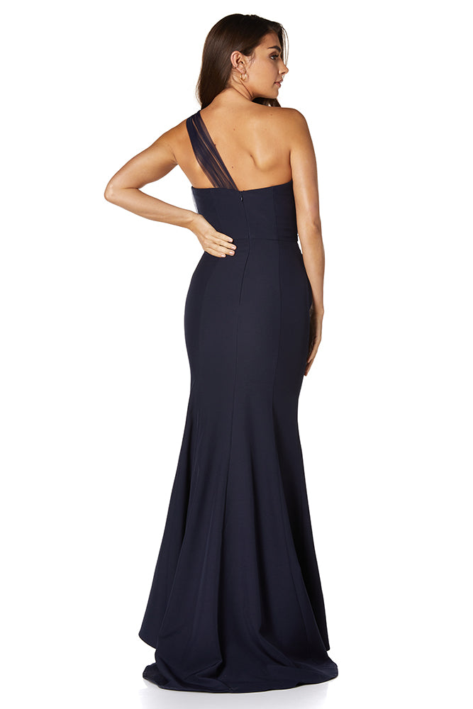 Jarlo navy one should maxi dress with tulle top and thigh split