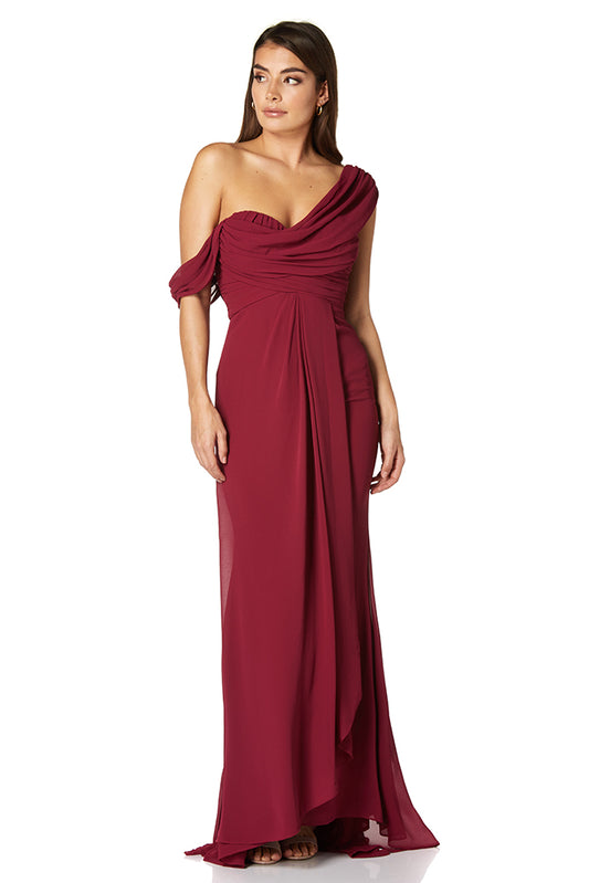 Jarlo Paloma pleated drape one shoulder burgundy chiffon gown