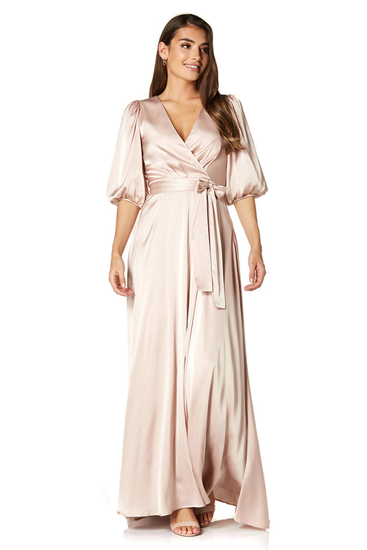 Jarlo Jasmine nude satin balloon sleeve V neck wrap maxi dress