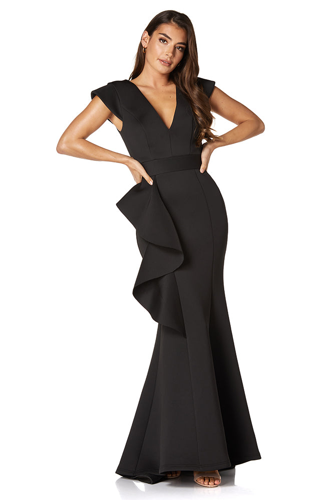 Jarlo black v-neck fishtail maxi dress with hip drape