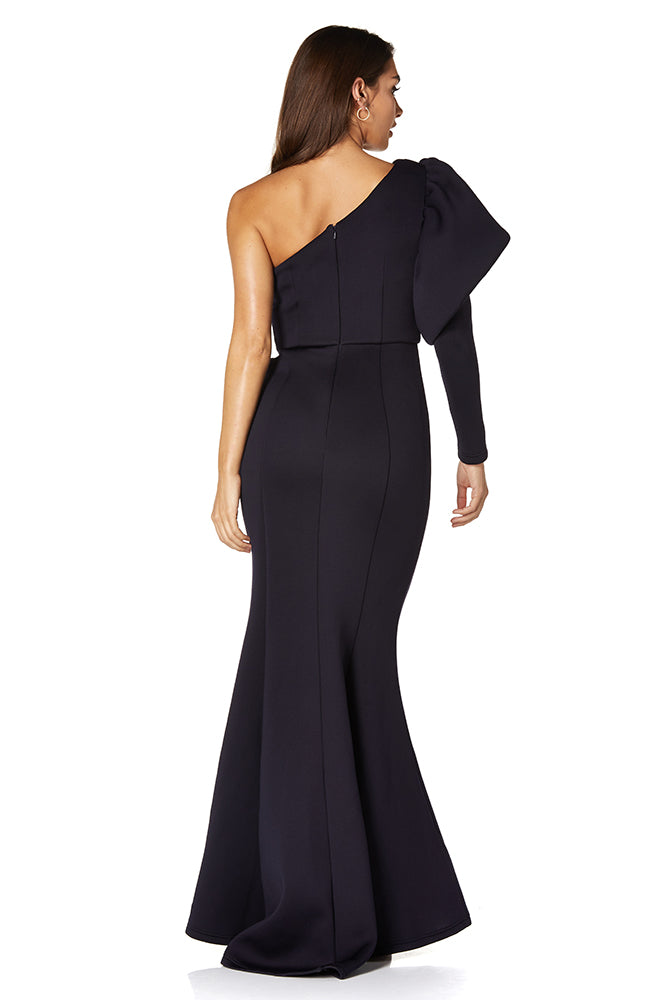 Jarlo Lexy one shoulder puff long sleeve navy scuba maxi dress