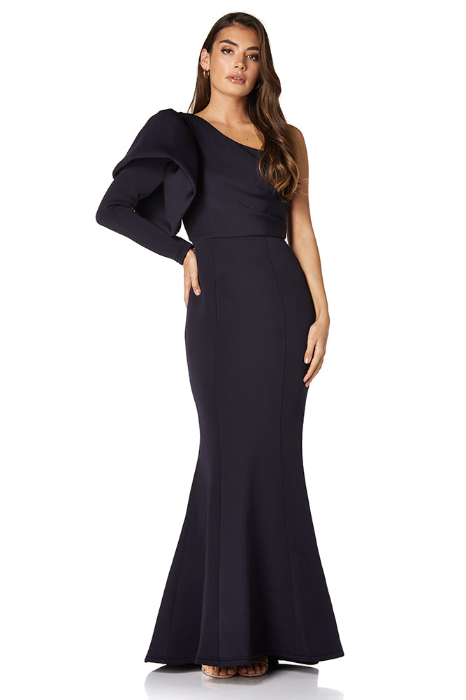 Jarlo Lexy one shoulder puff long sleeve navy scuba maxi dress