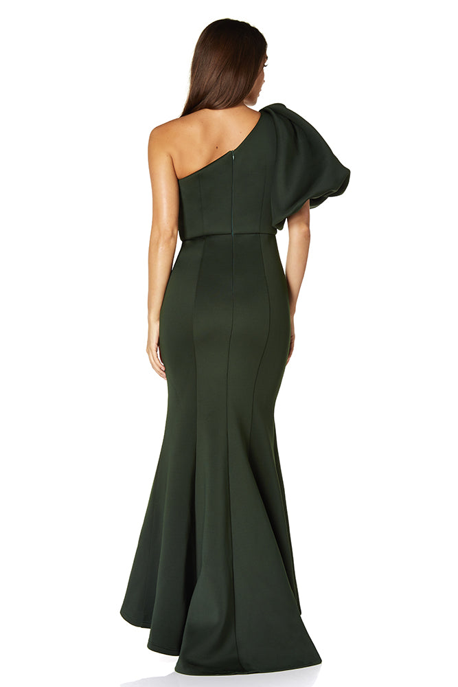 Frances One Shoulder Exaggerated Puff Sleeve Scuba Maxi Dress