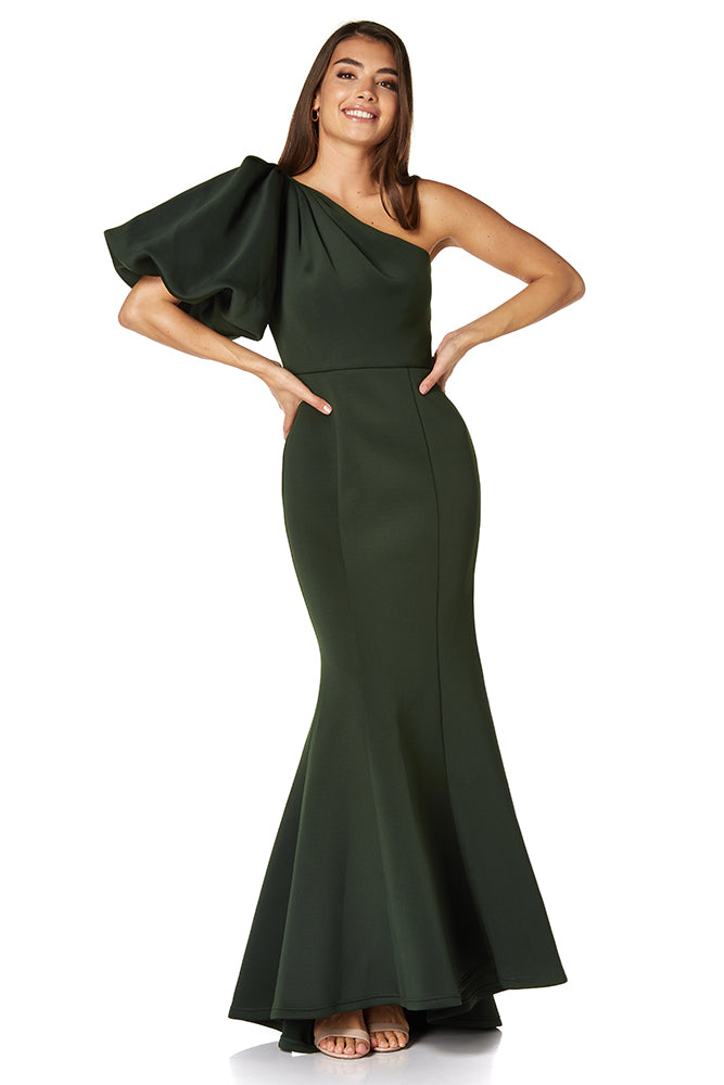 Frances One Shoulder Exaggerated Puff Sleeve Scuba Maxi Dress