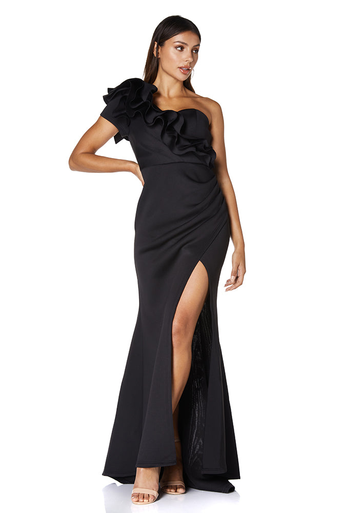 Jarlo black ruffle one shoulder fishtail maxi dress with thigh split