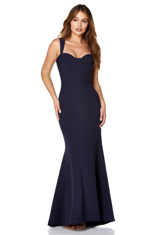 Jarlo Rebecca navy maxi dress with pleated sweetheart neckline