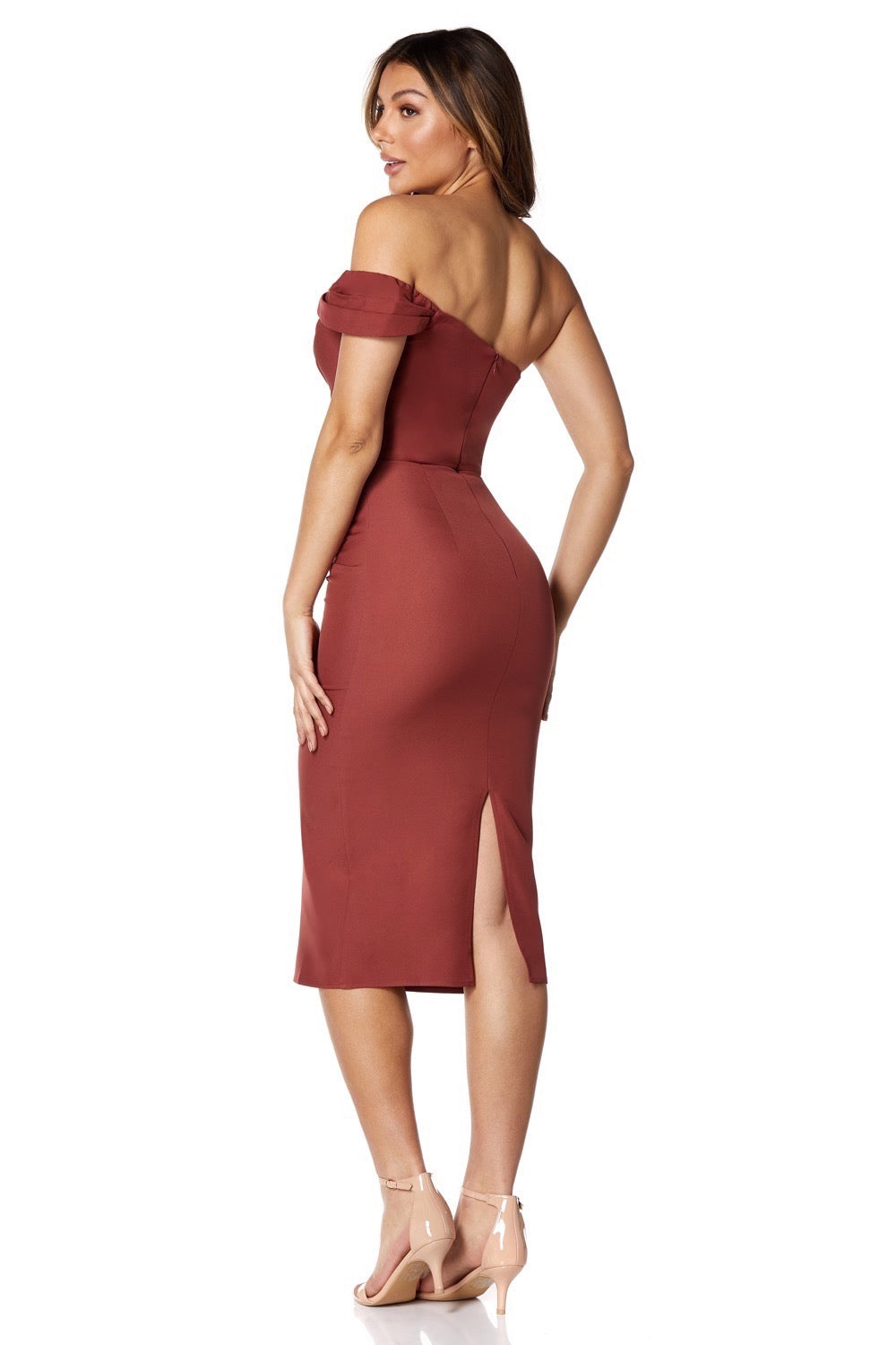 Skye Ruched Midi Dress with One Shoulder Sleeve