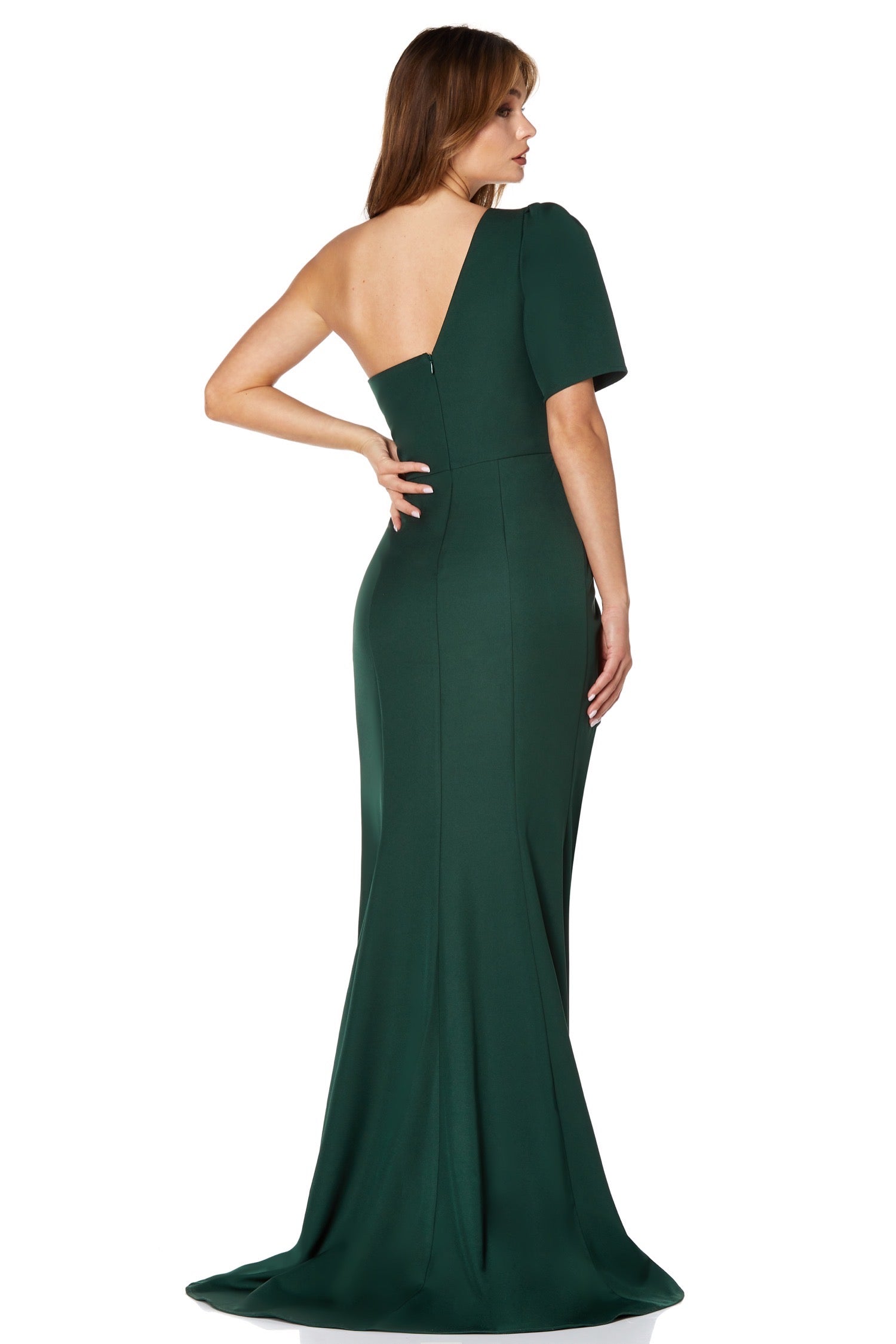 Jarlo Gianna one shoulder sleeve green maxi dress with thigh split