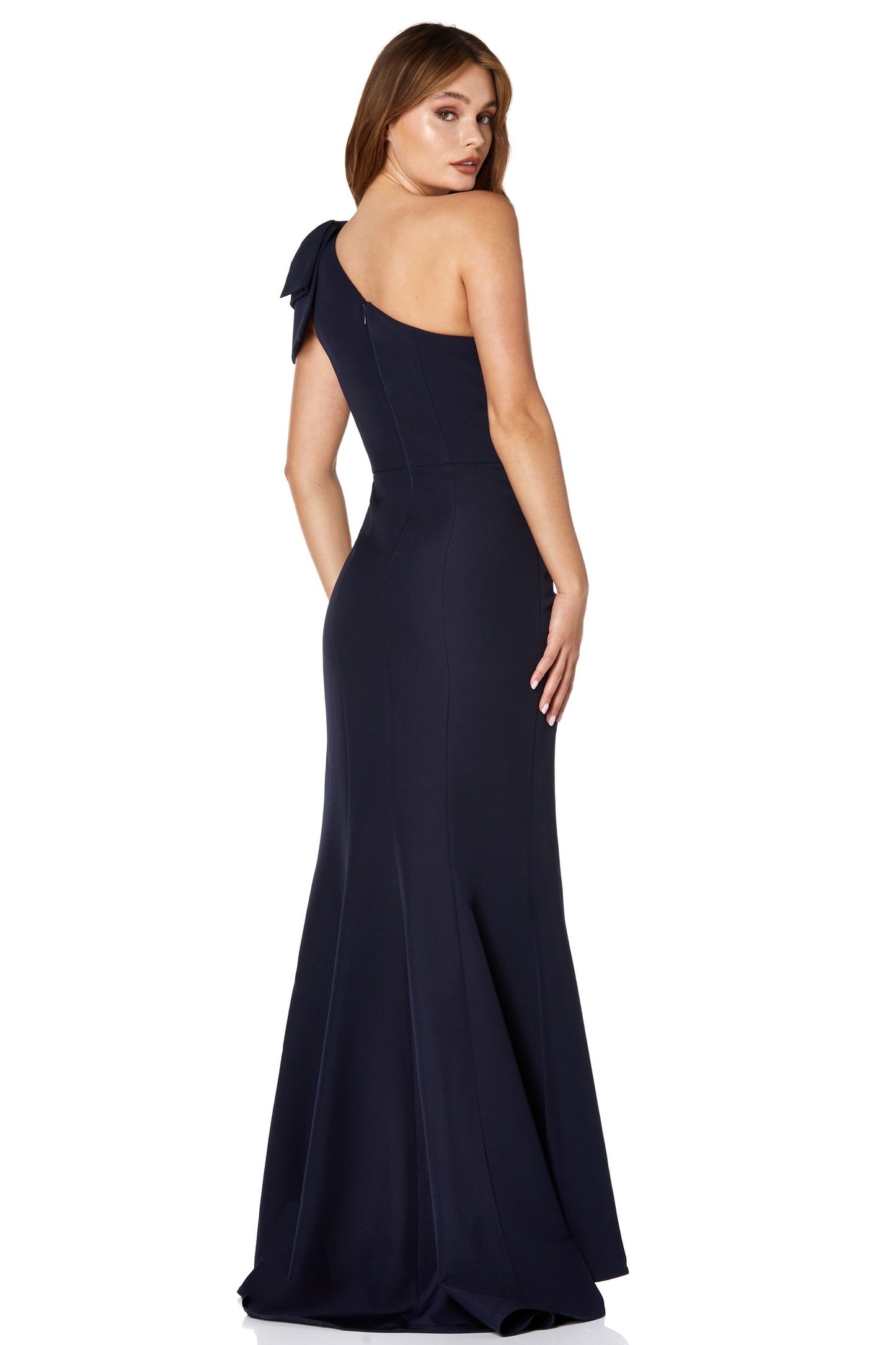 Jarlo Kayla navy one shoulder bow detail maxi dress with thigh split