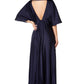 Jarlo Lee navy satin deep V neck midi dress with bell sleeves