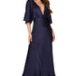 Jarlo Lee navy satin deep V neck midi dress with bell sleeves