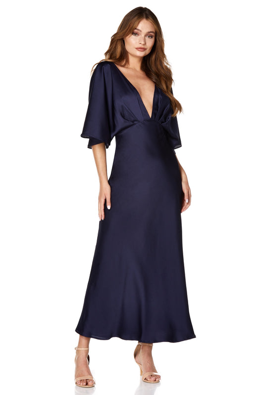 Jarlo Lee navy satin deep V neck midi dress with bell sleeves