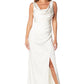 Jarlo Madia cowl front ivory satin maxi dress with thigh split and train