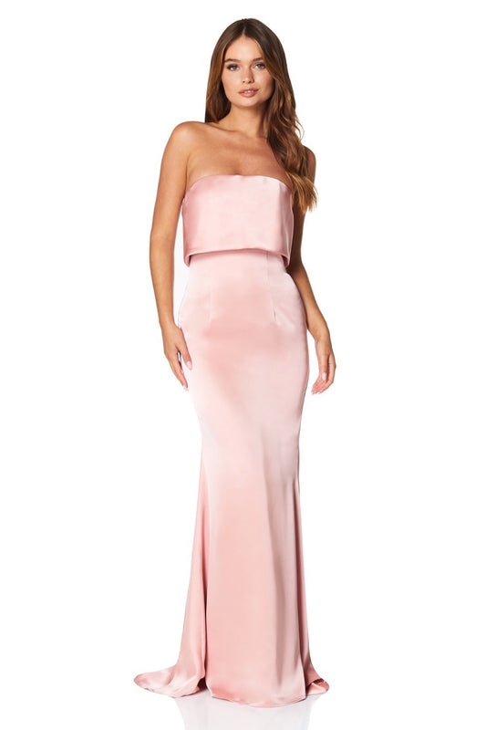 Jarlo Jetaime pink satin strapless maxi dress with overlay and button back detail
