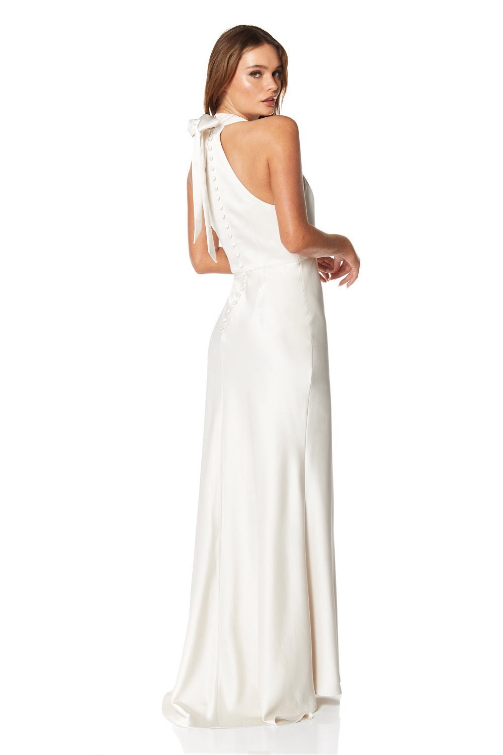 Jarlo Starlette halter neck ivory satin maxi dress with button back detail