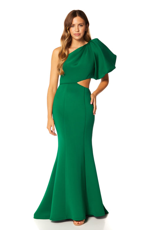 Jarlo Jacinda one shoulder puff sleeve green scuba maxi dress