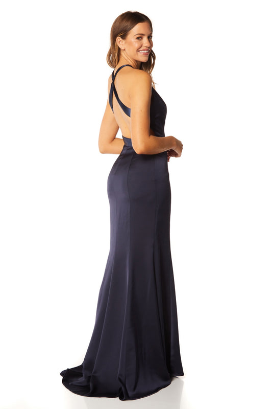 Jarlo Shoshana high neck navy satin maxi dress with cross back straps